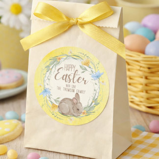 Adesivo Redondo Watercolor Bunny Spring Wildflowers Happy Easter