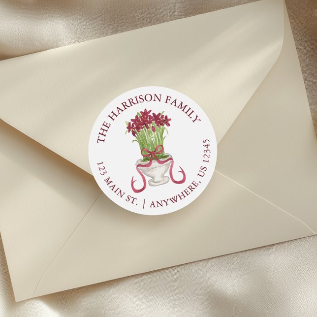 Adesivo Redondo Watercolor Burgundy Amaryllis Endereço de Natal (Criador carregado)