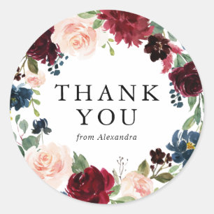 Adesivo Redondo Watercolor Burgundy & Blue Floral Wreath Obrigado