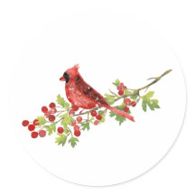 Watercolor Cardinal Bird on Berry Branch 