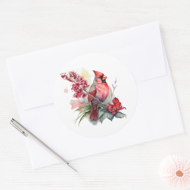Adesivo Redondo Watercolor Cardinal Natal (Envelope)