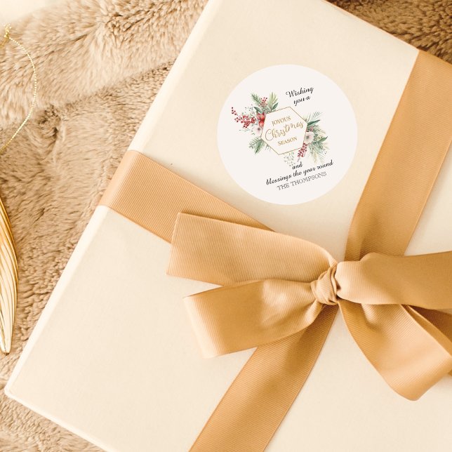 Adesivo Redondo Watercolor Christmas Botanical Custom Name White (Criador carregado)