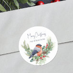 Adesivo Redondo Watercolor Christmas Bullfinch Winter Bird<br><div class="desc">Use estes belos adesivos de Natal personalizados para aves de inverno como envelopes para selar ou presentes de férias,  com um touchete de cor-de-água giro,  pregado sobre uma coroa de verde-pinheiro,  folhas sagradas e bagas.</div>