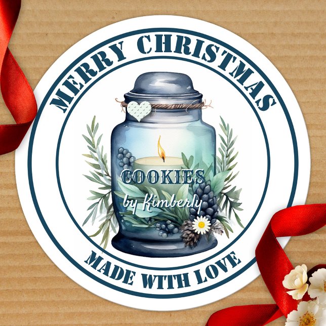 Adesivo Redondo Watercolor Christmas Cookie Jar  (Christmas sticker featuring a watercolor design of a seasonal jar with candle - for homemade cookies)