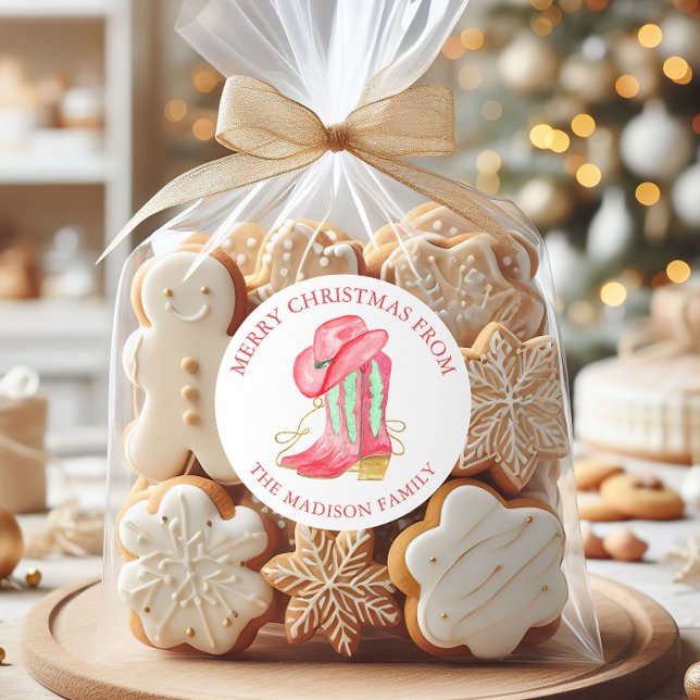 Adesivo Redondo Watercolor Christmas Cowboy Boots Endereço de Devo (Criador carregado)