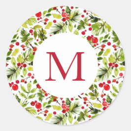 Adesivo Redondo Watercolor Christmas Greens e Berries