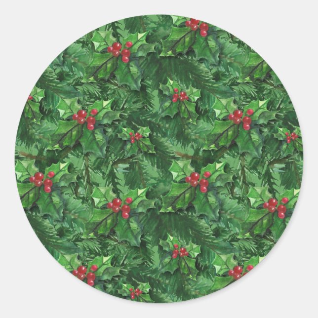 Adesivo Redondo Watercolor Christmas Holly Berries (Frente)
