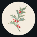 Adesivo Redondo Watercolor Christmas Juniper Branch com Berries<br><div class="desc">Watercolor Christmas Juniper Branch com Berries</div>