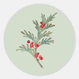 Adesivo Redondo Watercolor Christmas Juniper Branch com Berries