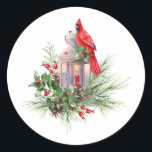 Adesivo Redondo Watercolor Christmas Red Cardinal and Berries<br><div class="desc">Colagem de Natal</div>