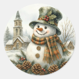 Adesivo Redondo Watercolor Christmas Snowman Cozy Winter Holiday 