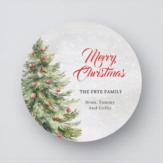Adesivo Redondo Watercolor Christmas Tree Holiday Gift (Personalized Merry Christmas round sticker with family name)