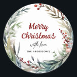 Adesivo Redondo Watercolor Christmas Wreath com amor de<br><div class="desc">Festiva aquarela por baixo dos palitos de Natal Merry Dags. Clique no botão editar/personalizar para personalizar este design com seu texto.</div>