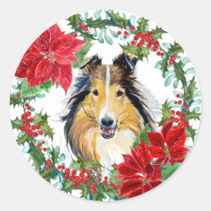Adesivo Redondo Watercolor Collie Dog Poinsettia Holiday Wreath