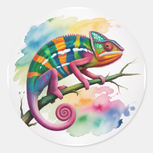 Adesivo Redondo Watercolor Colorful Chameleon Birthday Party (Frente)