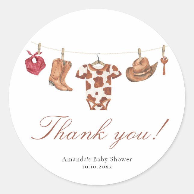 Adesivo Redondo Watercolor cowboy Baby Shower Thank you (Frente)