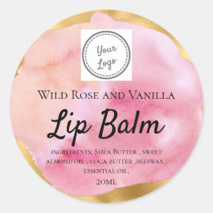 Adesivo Redondo Watercolor & Dourado Lip Balm Adicionar seu logot