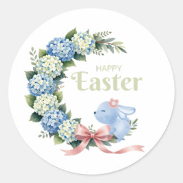 Adesivo Redondo Watercolor Easter Hydrangea Wreath Cute Bunny