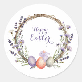 Adesivo Redondo Watercolor Easter Lavender Wreath Eggs Cute Bunny