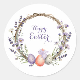 Adesivo Redondo Watercolor Easter Lavender Wreath Eggs Cute Bunny