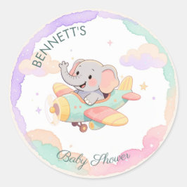 Adesivo Redondo Watercolor Elephant Airplane Baby Shower 