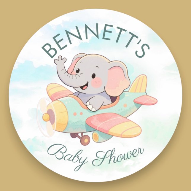 Adesivo Redondo Watercolor Elephant Airplane Baby Shower Sticker (Criador carregado)