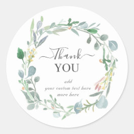 Adesivo Redondo Watercolor Eucalyptus Leafy Wreath Muito Obrigado