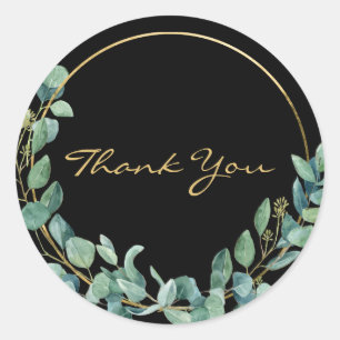 Adesivo Redondo Watercolor Eucalyptus no Dourado Wreath Obrigado