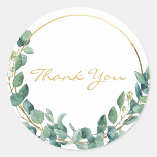 Adesivo Redondo Watercolor Eucalyptus no Dourado Wreath Obrigado
