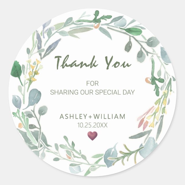 Adesivo Redondo Watercolor Eucalyptus Wreath Casamento Obrigado (Frente)