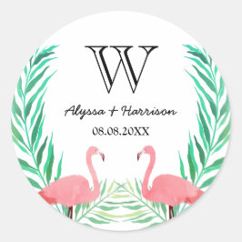 Adesivo Redondo Watercolor Flamingos Palm Deixa Monograma De Casam