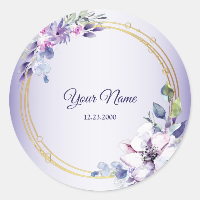 Adesivo Redondo Watercolor Floral Geometric Golden Purple Wedding (Frente)