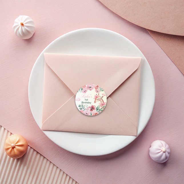 Adesivo Redondo Watercolor Floral Girafa Ribbon Girl Aniversário (Criador carregado)