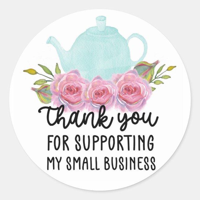 Adesivo Redondo Watercolor Floral Teapol Obrigado Pequena Empresa (Frente)