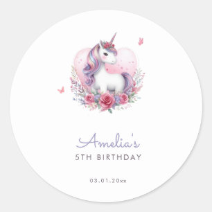 Adesivo Redondo Watercolor Floral Unicorn, Favor de Aniversário Má