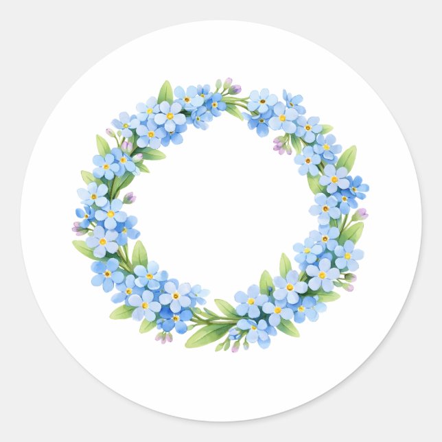Adesivo Redondo Watercolor Forget Me Not Flower Wreath  (Frente)