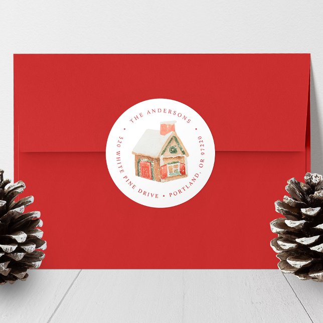 Adesivo Redondo Watercolor Gingerbird House Endereço para devoluçã (Criador carregado)