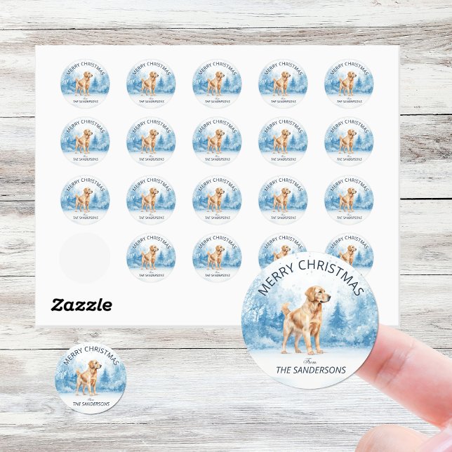 Adesivo Redondo Watercolor Golden Retriever Winter Christmas (Winter golden retriever in the snow Christmas stickers
)