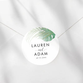 Adesivo Redondo Watercolor Green Palm Leaf Wedding Favor 