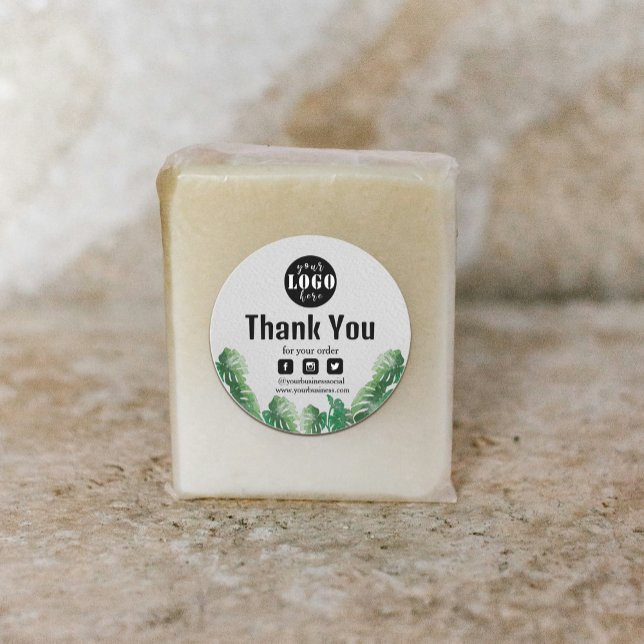 Adesivo Redondo Watercolor Green Plant Obrigado (Watercolor Green Plant Thank You Classic Round Sticker #WildTropical#greenleaves#plantsprodustlabel)