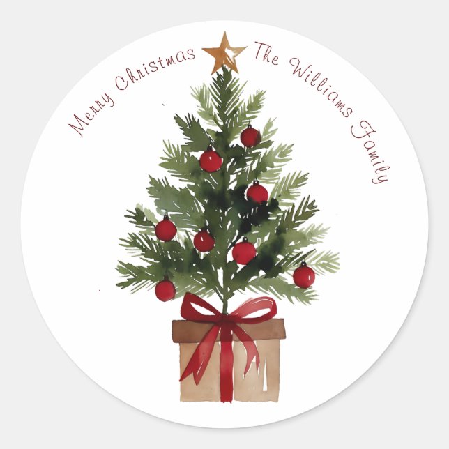 Adesivo Redondo Watercolor Holly Berries Christmas Tree Holiday (Frente)