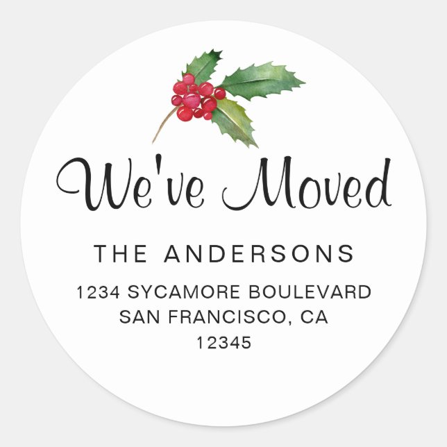 Adesivo Redondo Watercolor Holly Holiday We’ve Moved (Frente)