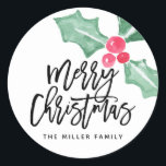 Adesivo Redondo Watercolor Holly Merry Christmas Name Sticker<br><div class="desc">Espalhe alegria nesta temporada de festas com este adesivo de festas contemporâneo de na moda que diz "Feliz Natal" em um roteiro de pincel de na moda acentuado pela nossa mão pintada de cor d'água Holly.</div>