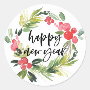 Adesivo Redondo Watercolor Holly Wreath Feliz ano novo 2018