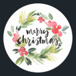 Adesivo Redondo Watercolor Holly Wreath Merry Christmas Sticker<br><div class="desc">Vinheta de férias moderna e branca com aquarela holly wreath. Esta é uma parte de um conjunto de feriados - carimbos,  adesivos e etiquetas correspondentes.</div>