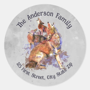 Adesivo Redondo Watercolor Howling Coyote Pack Willife Animal Art