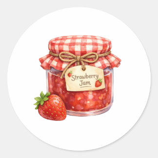 Adesivo Redondo Watercolor Jar with Fresh Strawberry Fruit Jam