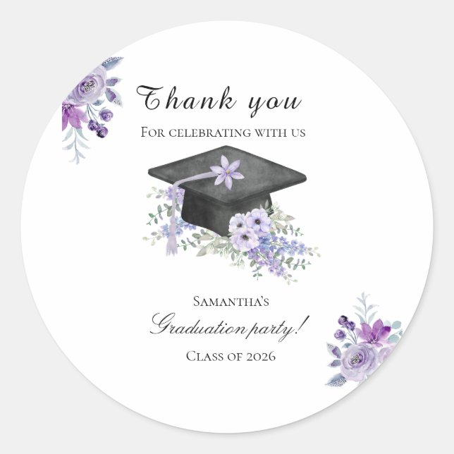 Adesivo Redondo Watercolor  Lavander Purple Floral Graduation  (Frente)
