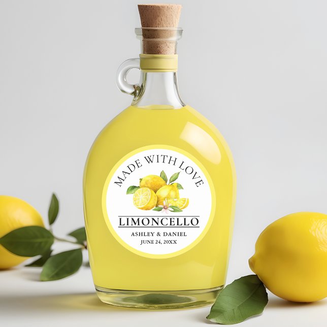Adesivo Redondo Watercolor Lemons Love Limoncello Yellow (Customize to change text size, color or text style.)