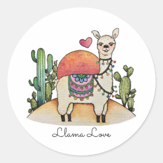 Adesivo Redondo Watercolor Llama Com Cactus